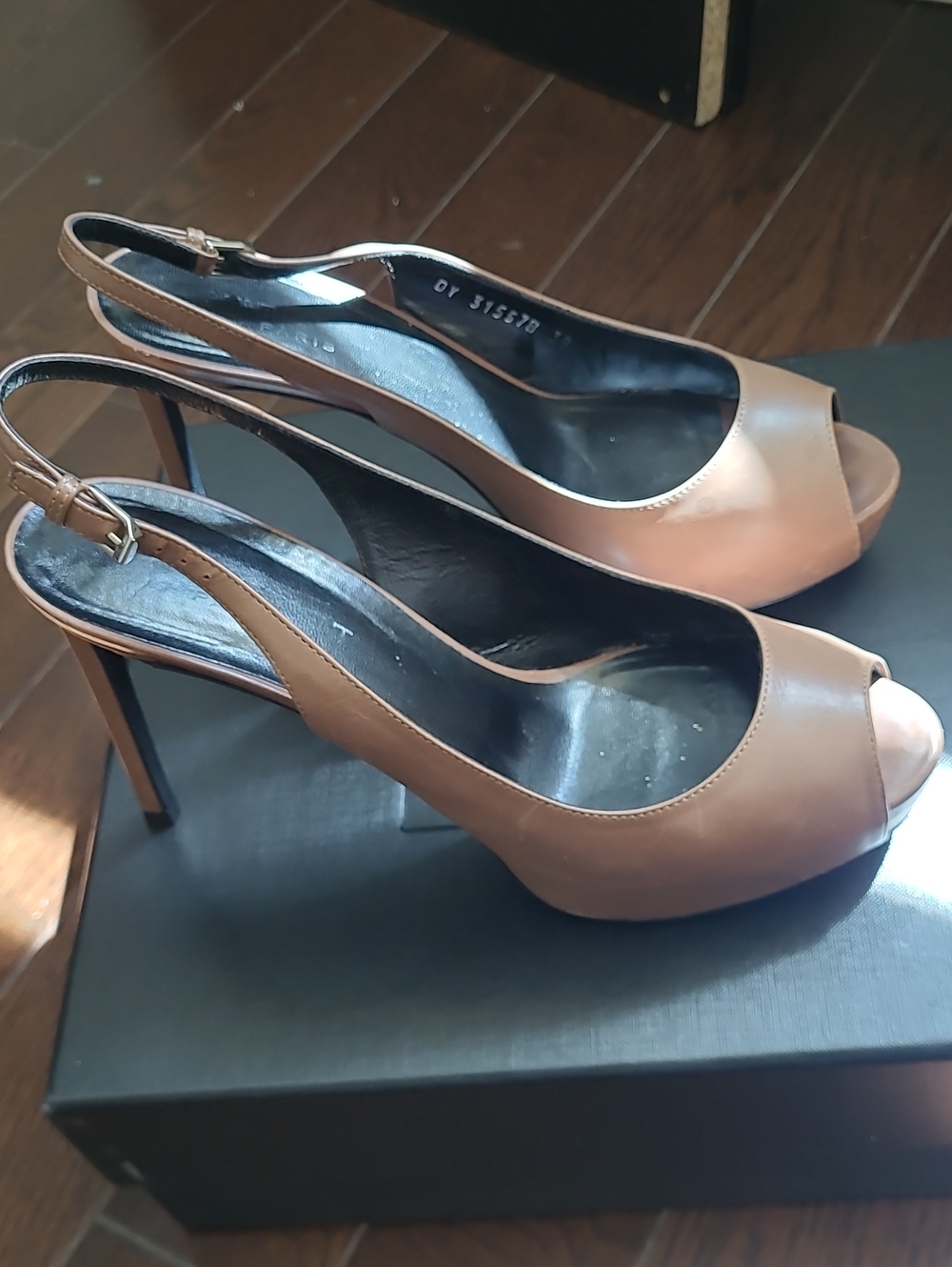Saint Laurent Tan / Brown Peep-Toe Slingback Stiletto Heels